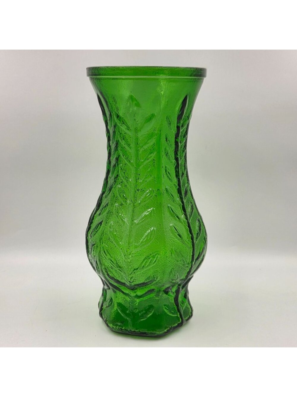 Vintage FTD 1970s-1980s Emerald Green Glass Vase Oak Leaf Design